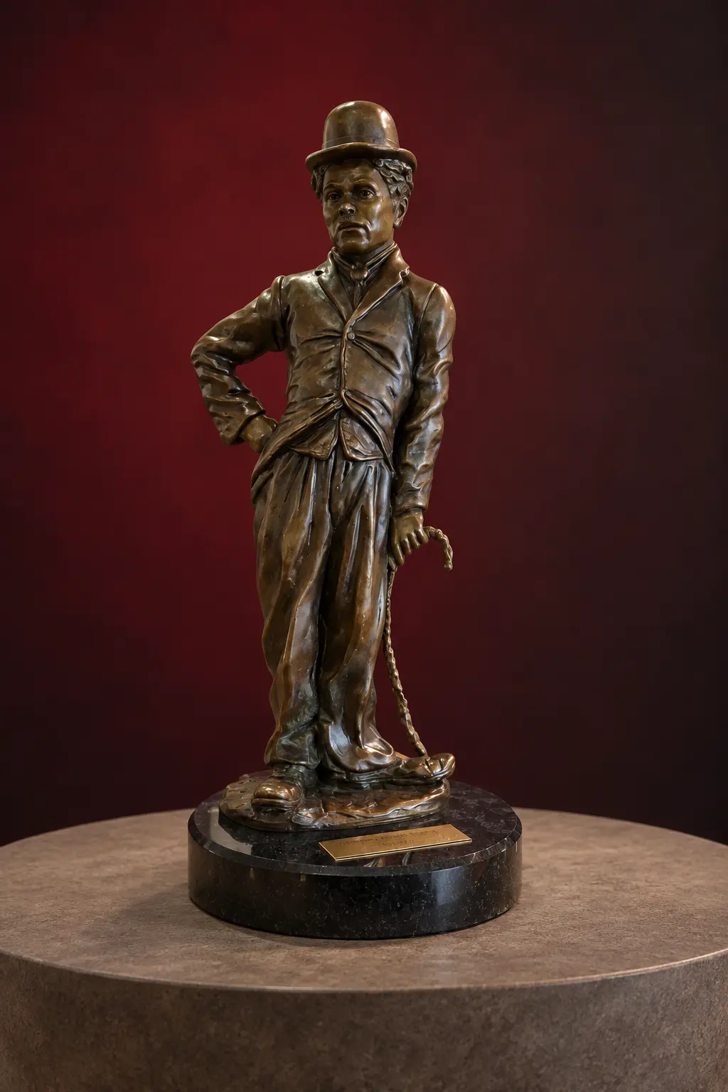 Charlie Chaplin bronze statuette presented in a museum-style setting