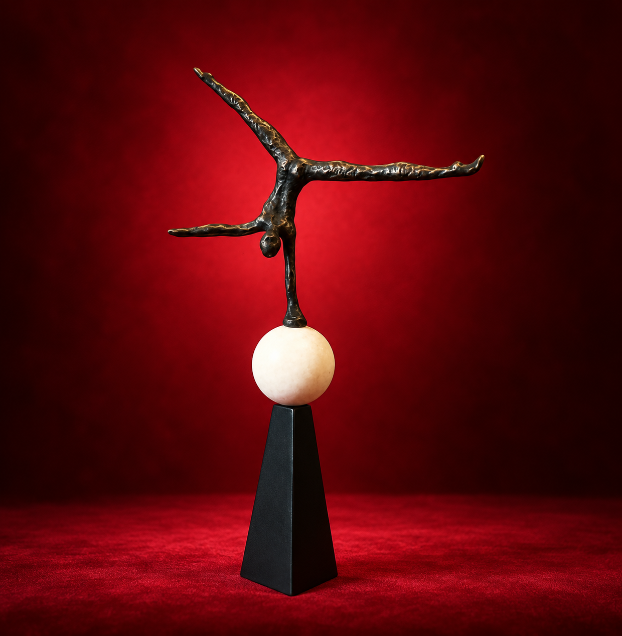 Bronze acrobat statuette presented against a deep red museum-style background